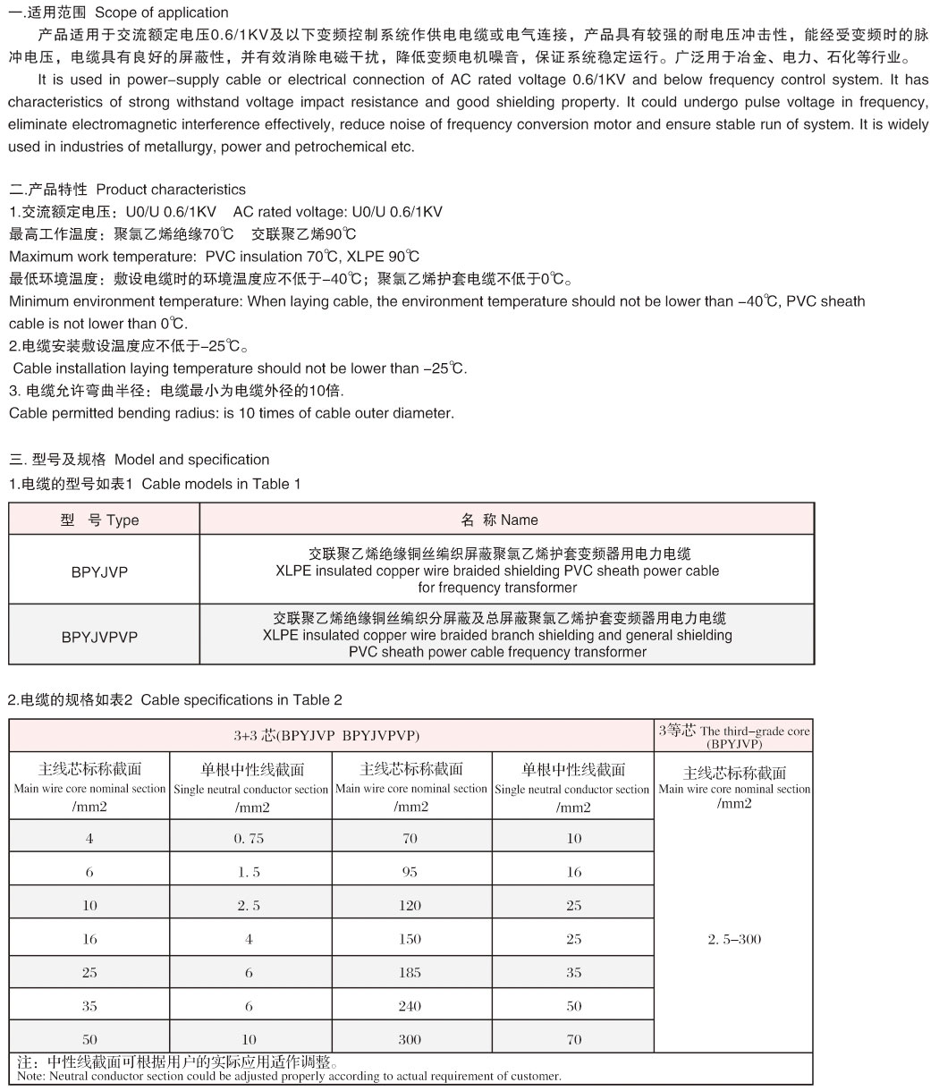 额定电压1KV到3KV变频器用电力电缆